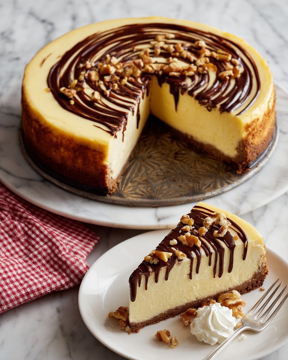 A round cheesecake with three visible layers sits on a white marbled surface; the bottom layer is dark brown crust, the middle layer is thick and creamy pale yellow cheesecake, and the top layer is smooth pale yellow with dark chocolate sauce drizzled in wide swirls covering the whole top. One slice has been taken out, revealing all the layers clearly, and the slice is placed on a white plate in the foreground. The slice also has dark chocolate sauce drizzled on top, with walnut pieces scattered around it and a dollop of whipped cream next to the slice. A silver fork rests beside the plate on a red-and-white checkered cloth. Photo taken with an iphone --ar 4:5 --v 7
