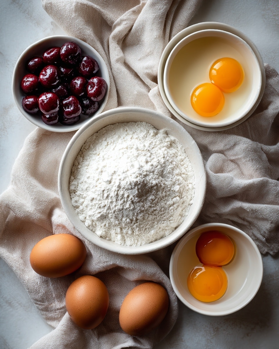 The image shows a top view of different baking ingredients arranged on a soft beige cloth over a white marbled surface. In the center, there is a white bowl filled with white flour. To the top right, a white bowl contains two whole eggs with orange yolks. Below it, another white bowl holds one whole egg with an orange yolk. To the top left, a white bowl is filled with shiny, dark red cherries. At the bottom left corner, three whole brown eggs rest on the cloth next to the bowls. The overall scene feels natural and simple, with soft lighting highlighting the textures of the flour, eggs, and cherries. The photo taken with an iphone --ar 4:5 --v 7