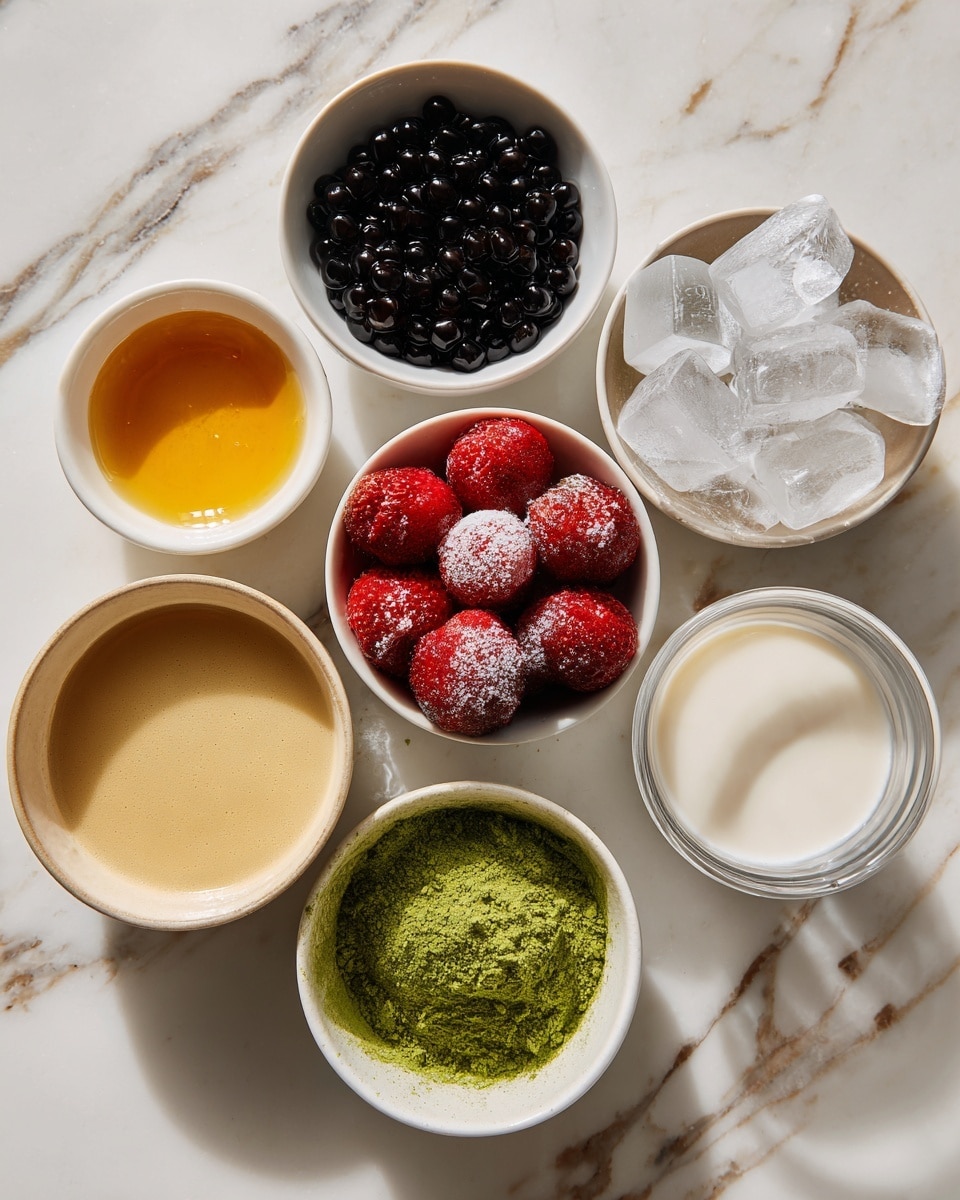 A white marbled surface holds eight white small bowls arranged loosely. The top left bowl contains bright golden honey with a smooth texture. To the right, a bowl has shiny black boba pearls. Next to it, a bowl is filled with clear ice cubes. Below, a bowl holds bright green matcha powder that looks fine and dry. In the center, a bowl is full of red frozen strawberries covered slightly in frost. On the bottom left, a bowl has creamy beige condensed milk. Next to it, there is a bowl of clear hot water, and a bowl of white half & half milk with a smooth surface. photo taken with an iphone --ar 4:5 --v 7
