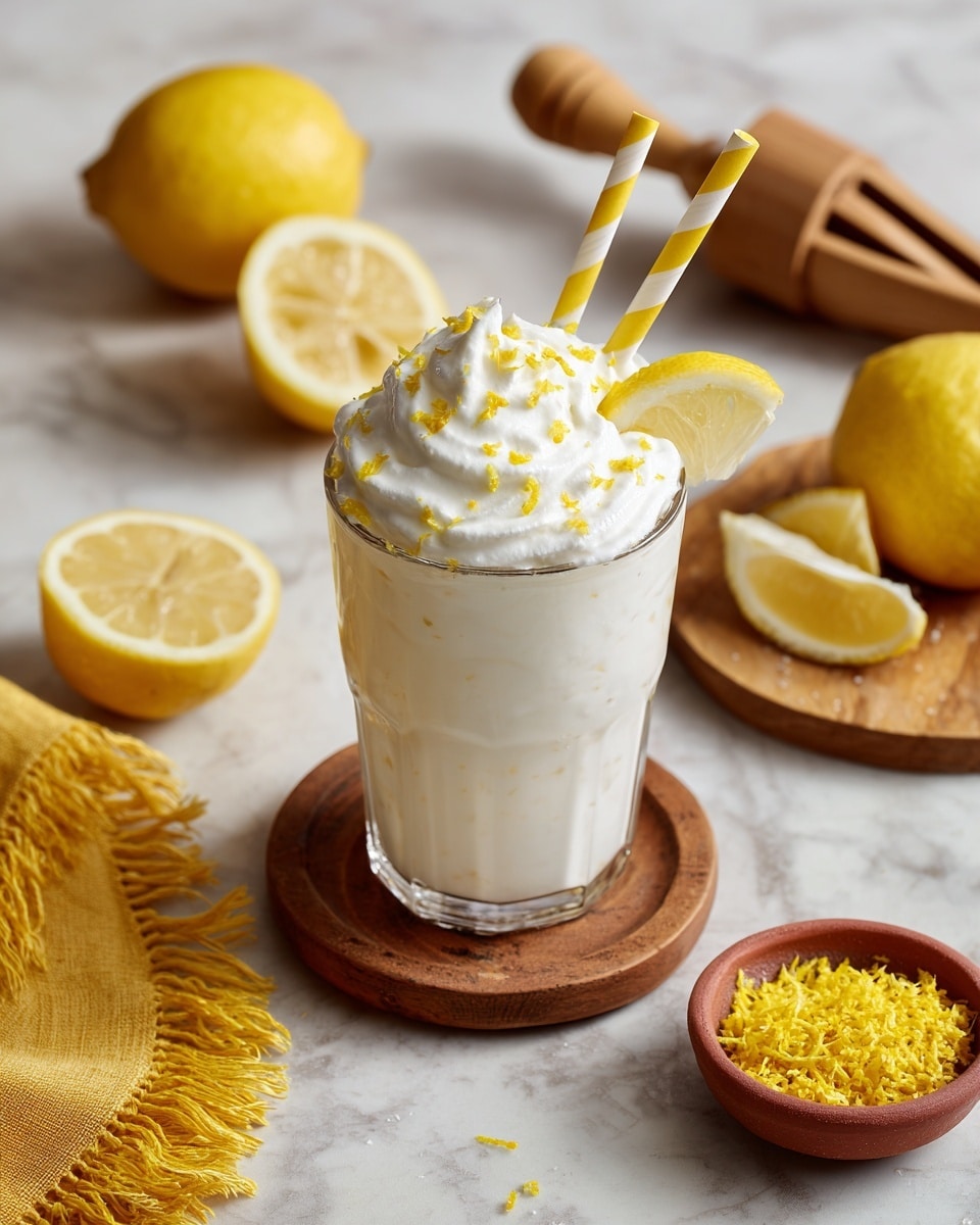 A glass cup filled with creamy white whipped topping, sprinkled with small yellow lemon zest bits and garnished with a thin lemon wedge on the side, sits on a round wooden coaster; a yellow and white striped paper straw is inserted in the whipped topping. Around it, on a white marbled surface, there are half a lemon with a wooden juicer beside it on a wooden board, lemon wedges in a small wooden bowl, a whole lemon on a round woven tray, and a small terracotta bowl filled with grated yellow lemon zest. A soft yellow fringed cloth is partially visible at the bottom left corner. Photo taken with an iphone --ar 4:5 --v 7