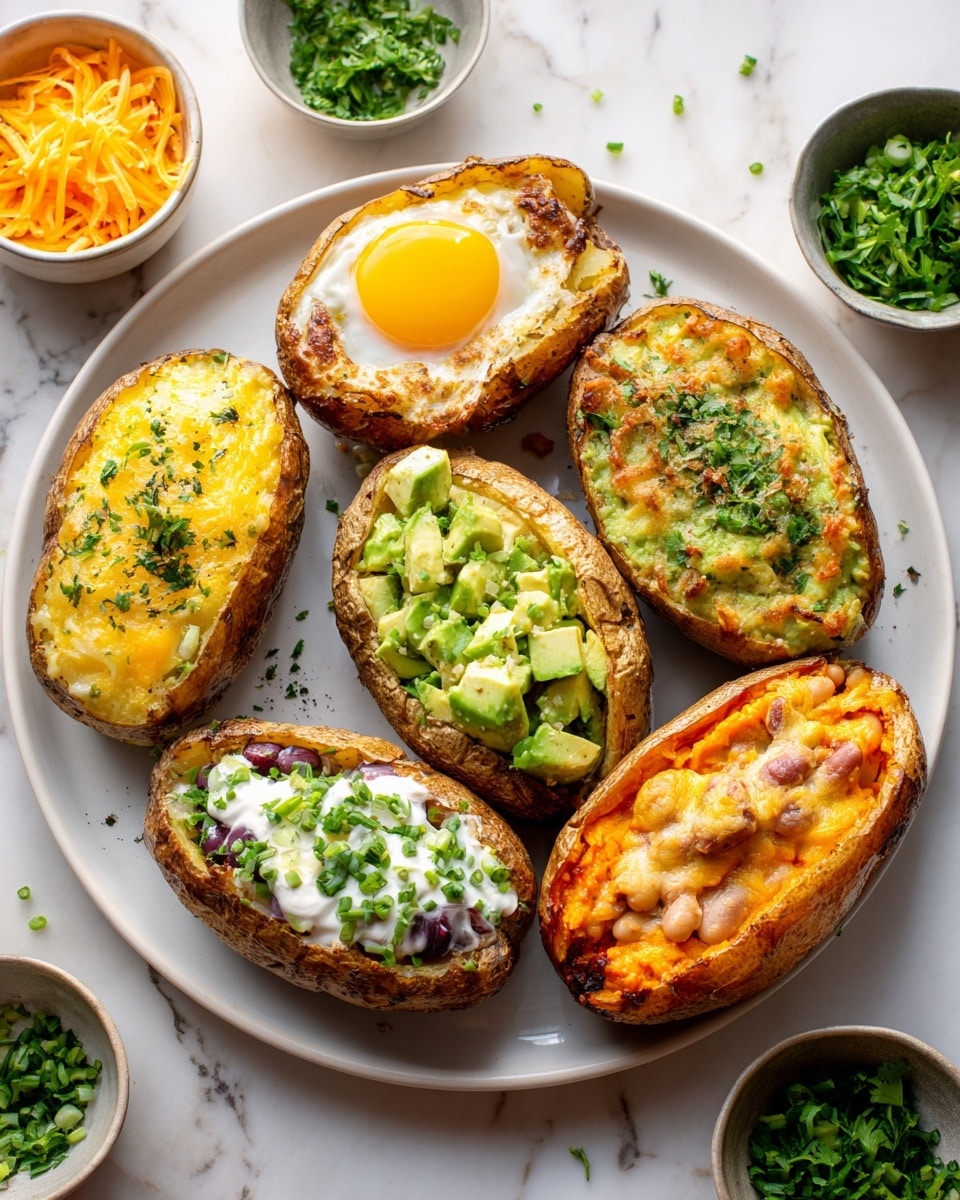 The image shows five baked potatoes on a white plate, each potato split open with different colorful toppings. The first potato has a layer of yellow melted cheese with green herbs on top. The second is topped with diced avocado and a light green sauce. The third has a sunny yellow egg yolk with green garnish. The fourth potato is filled with orange sauce with beans and small green leaves. The fifth potato has white sour cream with green chopped onions. The plate is on a white marbled surface. Small bowls of green herbs and shredded orange cheese are visible nearby. Photo taken with an iphone --ar 4:5 --v 7