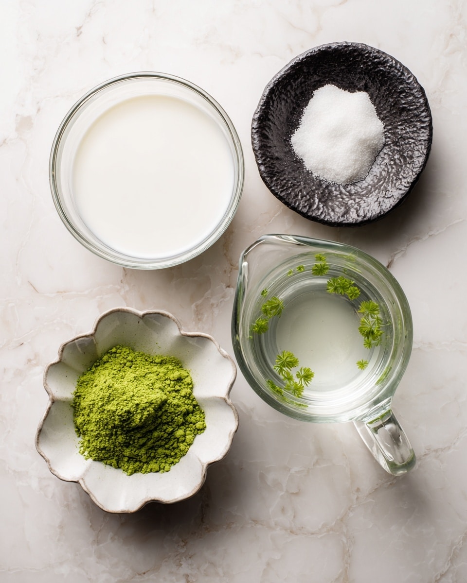 The image shows four small bowls with different ingredients placed on a white marbled surface. The top left bowl is clear glass, round, and filled with white milk. To the right, a dark, textured bowl holds a small amount of white sweetener sitting on a white cloth. Below the milk bowl, a white flower-shaped bowl contains bright green matcha powder with a slightly grainy texture. At the bottom right, there is a clear glass measuring jug with a handle and spout, holding clear water with small green specks in it. The scene has soft natural lighting and a clean, fresh look. photo taken with an iphone --ar 4:5 --v 7