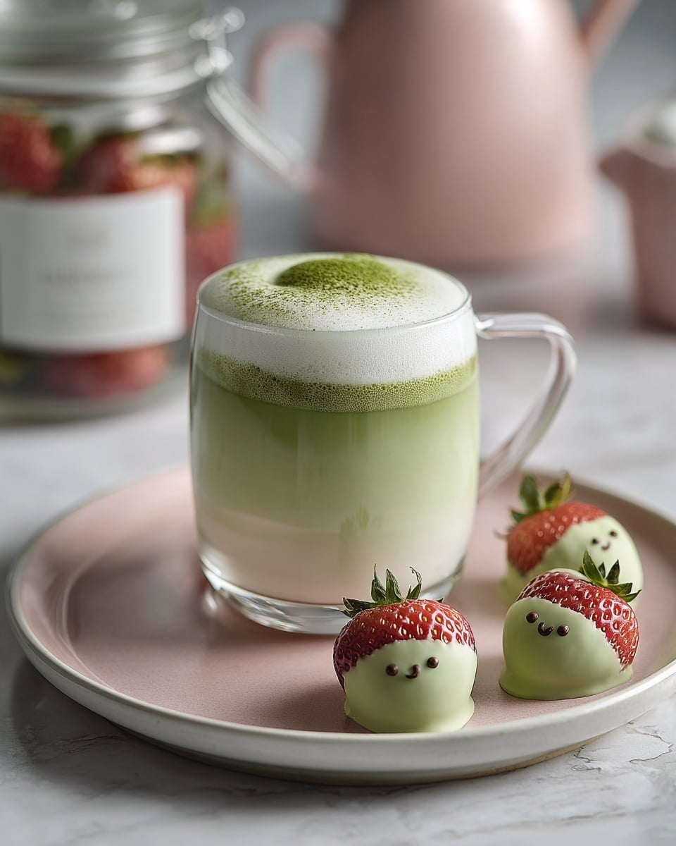 A clear glass cup filled with a two-layered drink, the bottom layer is light green with a smooth texture, the top layer is thick white foam that sits just above the rim with some bubbles, surrounded by a thin green ring of drink around the edge. The cup sits on a white plate with soft pink tones on a white marbled surface. In the background, there is a blurred jar with a label and on the side, part of a soft pink kitchen scale is visible. In the foreground, several strawberries dipped in light green coating with smiling faces made from chocolate sit on a white plate. Photo taken with an iphone --ar 4:5 --v 7