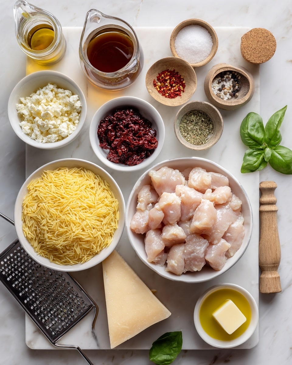 A flat lay of various cooking ingredients arranged neatly on a white marbled surface, featuring a white bowl filled with raw light pink chicken pieces near the center right. To the left of the chicken are small white bowls containing minced garlic, dark red tomato paste, and dried herbs, with a small jar of red chili flakes nearby. Above these are two clear glass pitchers, one filled with a brown liquid and the other with a white liquid, along with two small wooden bowls holding salt and black pepper. Below the chicken bowl is a white bowl filled with uncooked yellow orzo pasta, next to a small white cup with golden olive oil. In the lower left corner, a wedge of pale yellow cheese rests on a metal grater with a wooden handle, accompanied by some green basil leaves. A small white bowl with a square of yellow butter completes the arrangement. Photo taken with an iphone --ar 4:5 --v 7