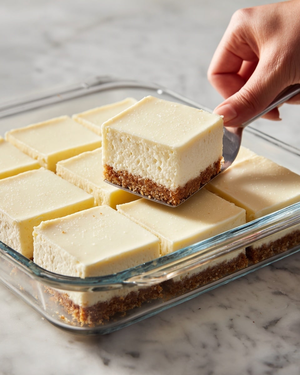 The image shows a close-up of a creamy cheesecake cut into square pieces inside a clear glass dish placed on a white marbled surface. The cheesecake has two layers: a light golden brown, crumbly crust on the bottom, and a thick, smooth, pale yellow cream layer on top. A woman's hand is using a metal spatula to lift one square piece, highlighting the sharp edges and dense texture of the cheesecake. The surface of the cheesecake is smooth with a few tiny bubbles. photo taken with an iphone --ar 4:5 --v 7