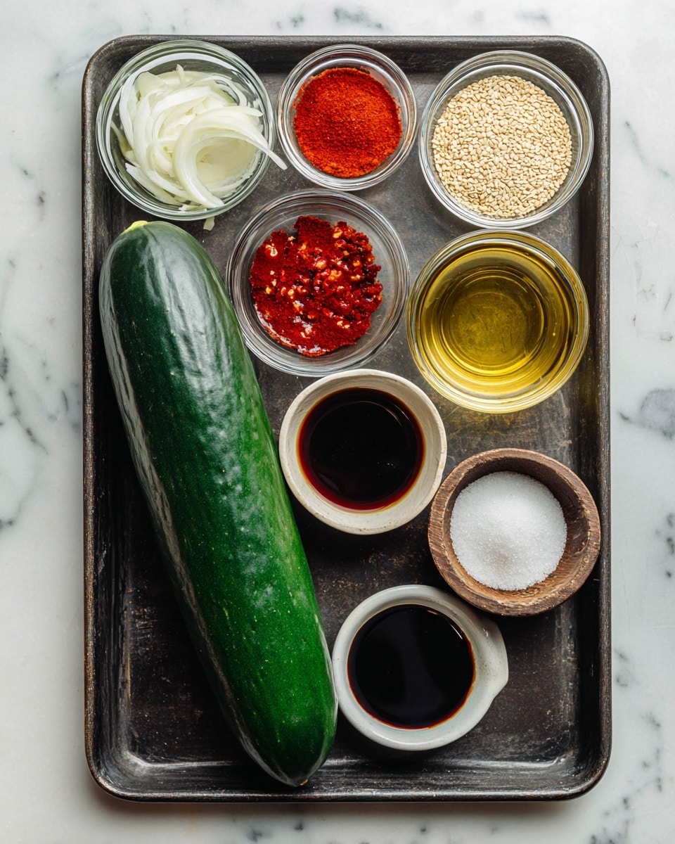 A dark metal tray holds one long dark green cucumber placed diagonally from bottom left to top right. Around it are small clear glass bowls, each with a different ingredient: at the top left, a bowl with white sliced onion, below it a bowl with bright red chili powder, below that a bowl with light brown sesame seeds, and next to it a bowl with dark red chili paste. To the right of the chili paste bowl is a bowl of clear vinegar, and below that a bowl with golden sesame oil. On the top right of the cucumber is a bowl with dark brown soy sauce, beside it a small white bowl with white sugar, and at the bottom right, a small dark wooden bowl with light crushed garlic. The tray sits on a white marbled surface. Photo taken with an iphone --ar 4:5 --v 7
