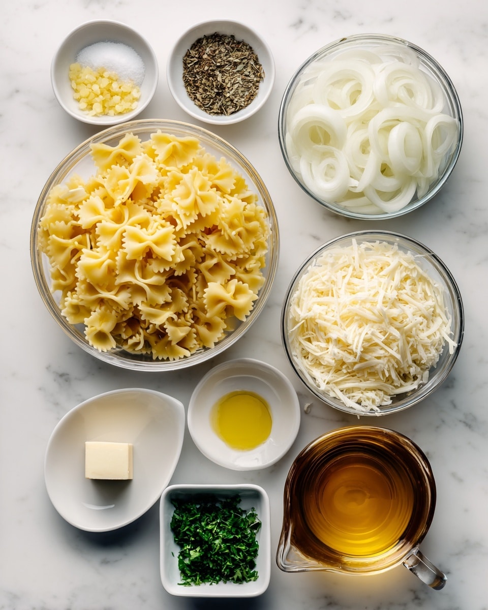 The image shows an organized arrangement of ingredients on a white marbled surface. At the top, from left to right, there are small white bowls containing minced yellow garlic, a mix of salt and black pepper, dried thyme with a brown and green texture, white granulated sugar, and a small block of pale yellow butter. Below them, a large clear bowl holds bright yellow bowtie pasta, a medium clear bowl filled with thinly sliced white onion rings, and another clear bowl packed with finely grated pale yellow parmesan cheese. At the bottom, from left to right, a small white square dish contains chopped green parsley, a small clear measuring cup with golden olive oil, a larger clear measuring cup filled with amber vegetable broth, and another clear measuring cup pouring white heavy cream. The bowls and cups are neatly spaced, creating a clean and fresh look. Photo taken with an iphone --ar 4:5 --v 7