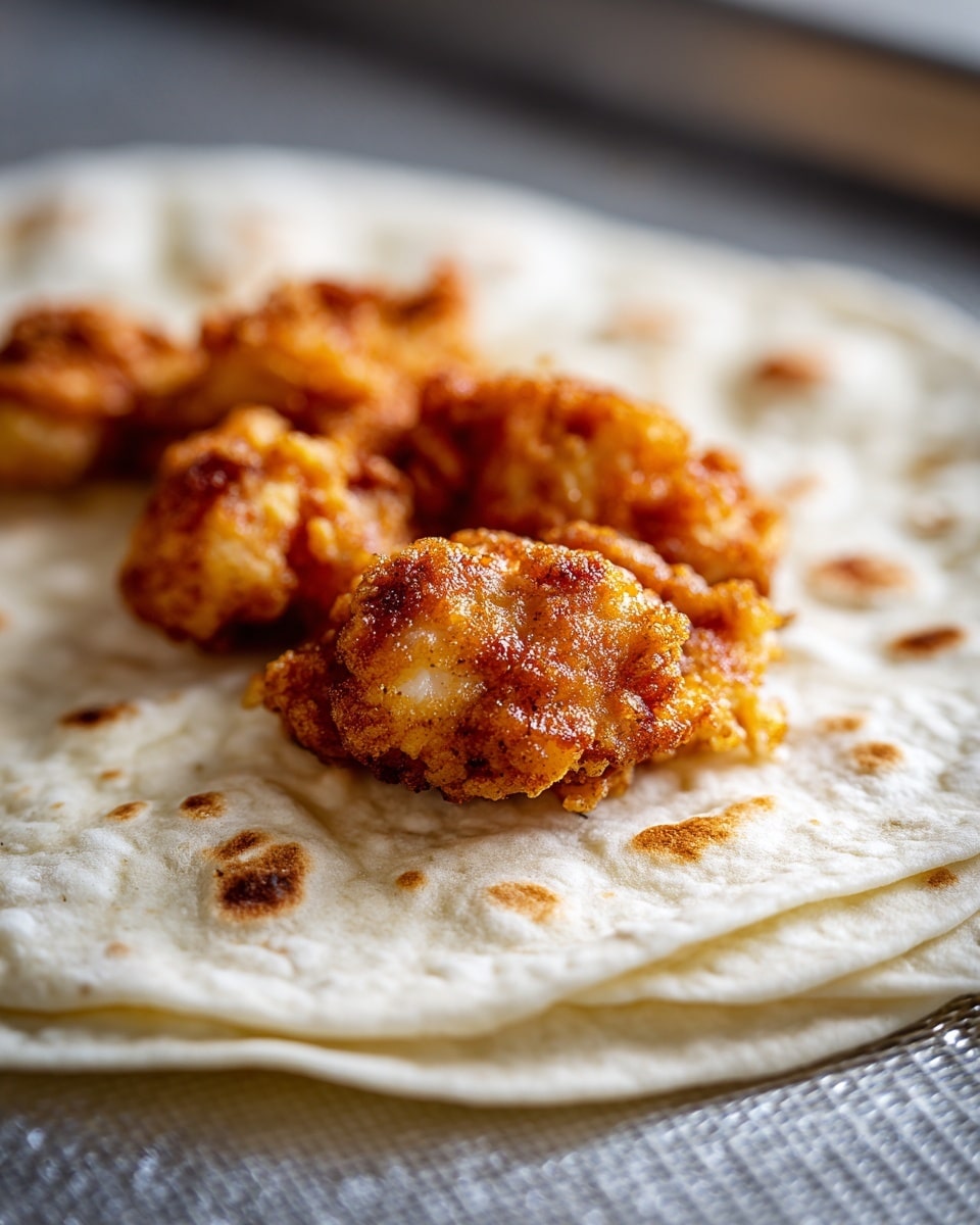 A close-up image showing a small white flatbread placed on a metal cooling rack with a blurred background. On top of the flatbread, there are three pieces of golden-brown fried chicken, each piece showing a crisp texture with some light glistening from the cooking oil. The chicken pieces have a crunchy, uneven coating and soft white meat visible inside. The flatbread has some light brown spots and looks soft with a slight puffiness around the edges. The overall scene is simple and focused on the warm tones of the fried chicken against the neutral white flatbread and metallic rack. Photo taken with an iphone --ar 4:5 --v 7