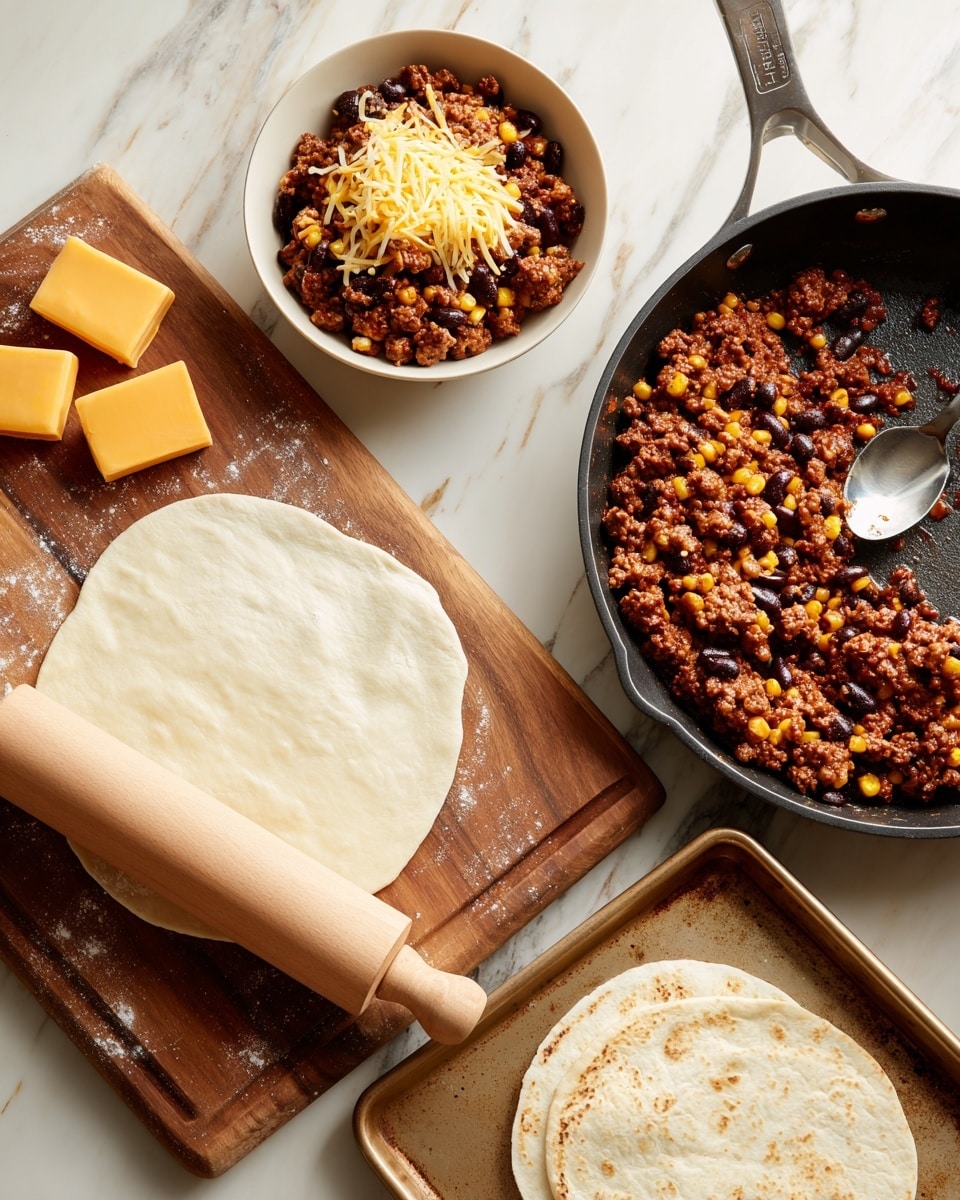 The image shows a food preparation scene on a white marbled surface with a wooden board and a baking tray. On the wooden board, a piece of soft, white dough is being rolled flat with a rolling pin placed on top. Near the dough, there are three bright orange slices of cheese. Two white bowls are visible: one is filled with cooked ground meat mixed with black beans and corn kernels, and the other bowl has a layer of the same meat mixture topped with slices of cheese. To the right, there is a frying pan with more of the cooked meat and beans mixture and a spoon resting inside. On the baking tray, there are two soft, round, white tortillas stacked next to the bowl with cheese and meat. The overall colors are warm and earthy, with the dough and tortillas providing a pale contrast to the rich browns and blacks of the filling, and the yellow-orange cheese adding brightness. photo taken with an iphone --ar 4:5 --v 7