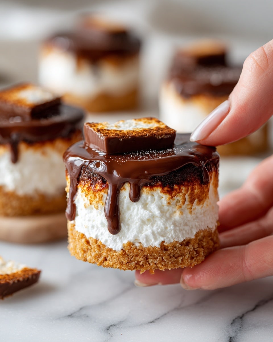 A close-up image shows a woman's hand holding a small dessert with three visible layers: a bottom layer of crumbly, light golden-brown crust, a thick and fluffy white marshmallow layer in the middle, and a top layer of smooth, melted milk chocolate that slightly drips down the sides. In the background, similar desserts with a chocolate piece on top are slightly out of focus, all set on a white marbled surface. photo taken with an iphone --ar 4:5 --v 7