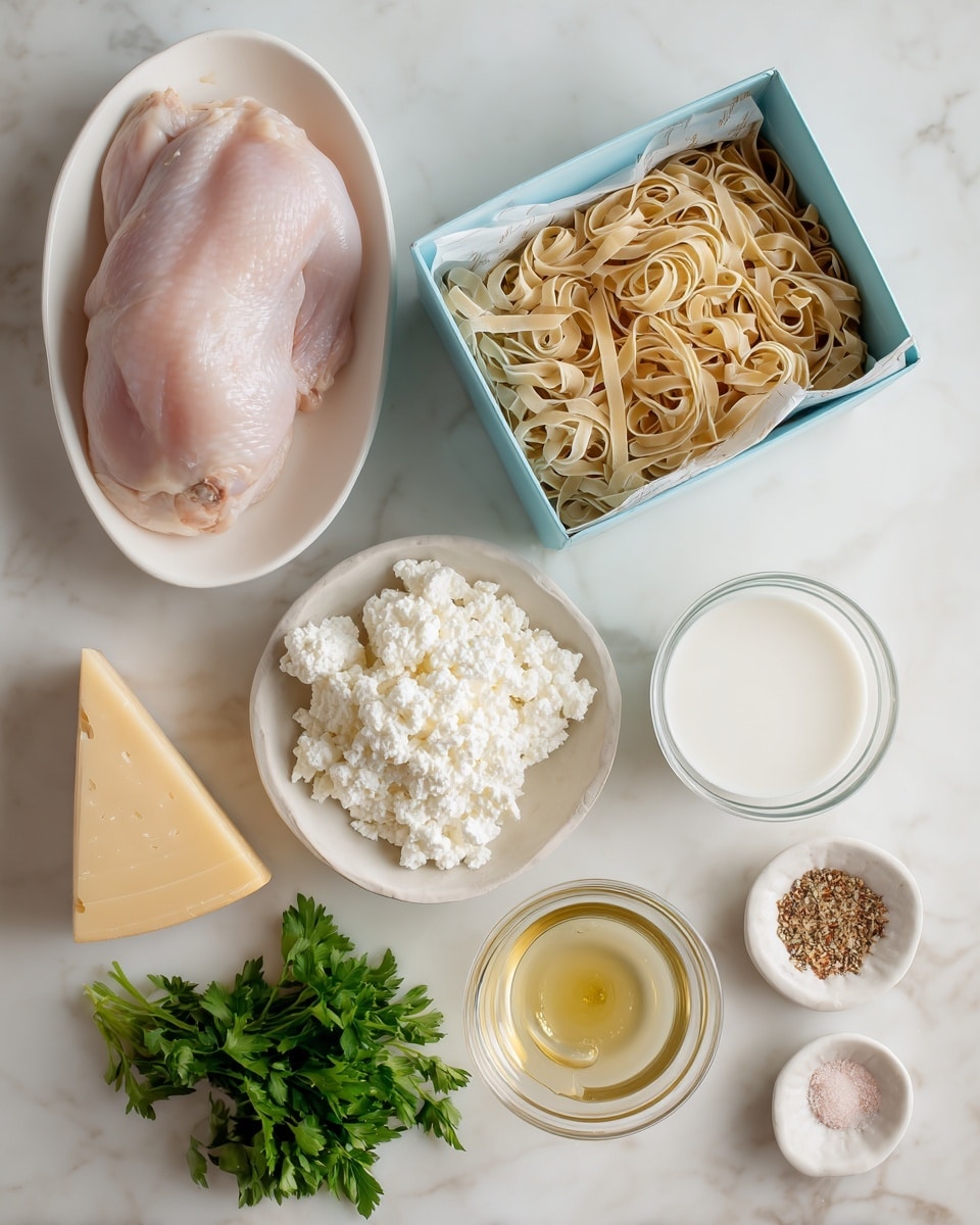 The image shows a flat lay of various cooking ingredients placed on a white marbled surface. At the top center is a light blue box of fettuccine pasta, with a clear window showing the uncooked beige pasta strands inside. Below the box, slightly left, is a white oval plate holding a large piece of raw pale pink chicken. To the right of the chicken is a white bowl filled with white cottage cheese with a lumpy texture. Below the cottage cheese, there is a clear glass bowl containing white milk. To the right of the milk is a small bunch of fresh green parsley with leafy stems. Below the chicken, towards the bottom left, is a triangular block of pale yellow parmesan cheese on the white marbled surface. Next to the cheese is a small clear bowl with golden olive oil. To the right of the olive oil is a white small dish with mixed brown spices. Slightly above, near the parsley, there is a white clove of garlic. On the right bottom corner are two small white dishes, one with white starch and black pepper and pink salt, and the other empty but visible. All items are neatly arranged and labeled in simple black text. photo taken with an iphone --ar 4:5 --v 7
