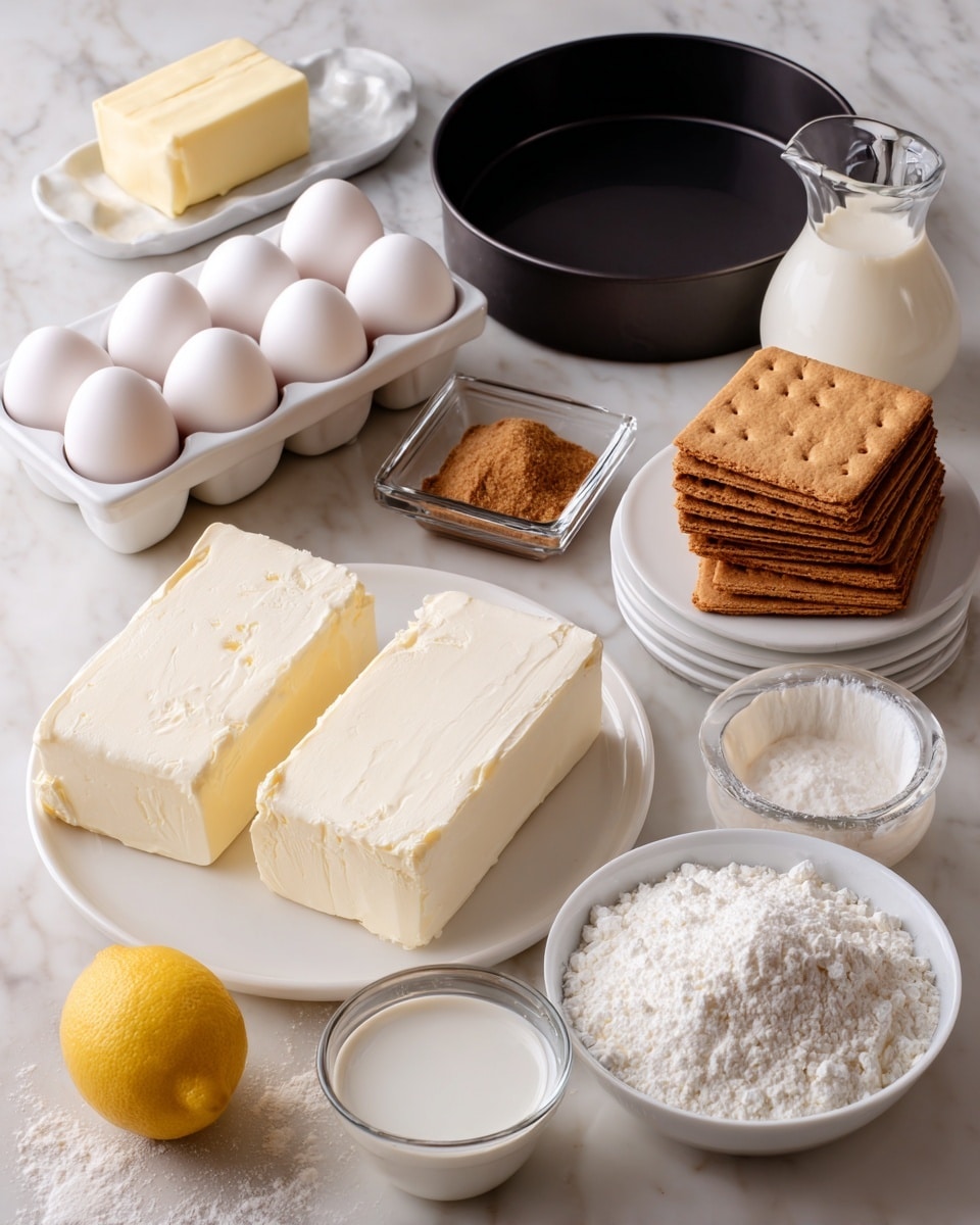 The image shows ingredients laid out on a white marbled surface for making a dessert. There are two large blocks of cream cheese placed on a white round plate in the front. To the left, there is a white ceramic egg tray holding ten white eggs. Behind the eggs is a white rectangular dish with a stick of butter. A black springform pan is on the top left. Moving to the right, there is a small glass square bowl filled with brown sugar, a stack of light brown graham crackers on a white plate, and a round glass bowl filled with white sugar. A halved lemon is placed on a clear glass juicer. To the right side, a small white milk pitcher contains heavy cream, while two tiny white bowls hold vanilla extract and salt respectively. In the bottom right, there is a white bowl with flour sprinkled around it. The overall setup is neat and clearly shows each ingredient. Photo taken with an iphone --ar 4:5 --v 7