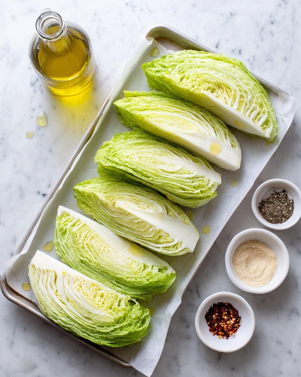 The image shows six wedges of light green cabbage arranged on a baking sheet lined with white parchment paper, with a few drops of oil visible on the cabbage and paper. To the left of the tray, there is a clear glass bottle filled with golden olive oil. On the right side, there is a small white bowl containing four piles of seasonings: black pepper, salt, crushed red pepper flakes, and a light beige powder. The background is a white marbled surface, creating a clean and bright setting. photo taken with an iphone --ar 4:5 --v 7