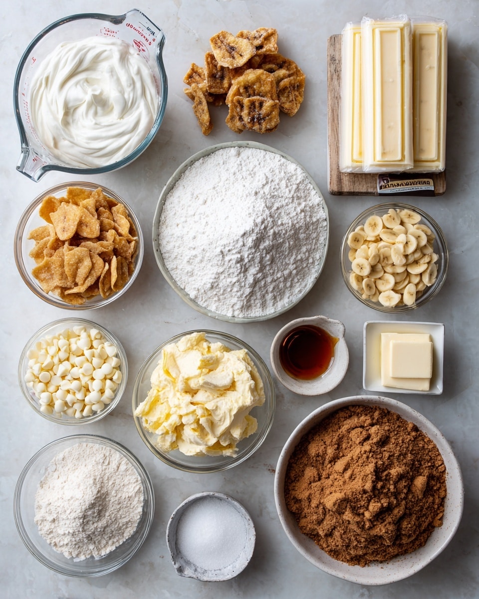 A flat lay of various baking ingredients arranged neatly on a white marbled surface, each in small clear glass bowls or containers. From the top left, there is a clear measuring cup filled with heavy whipping cream, a large bowl full of white powdered sugar, and two sticks of unsalted butter wrapped in paper. Below them, a bowl with white flour, a bowl with crunchy banana chips, and a bowl mixed with crushed Nilla wafers. Next are small bowls holding mashed bananas, white chocolate chips, and granulated sugar. Toward the bottom, a larger bowl overflowing with brown sugar, another with softened cream cheese, and small bowls containing vanilla extract, baking soda, and salt. A packet of Jello banana pudding mix is placed near the banana chips. Photo taken with an iphone --ar 4:5 --v 7