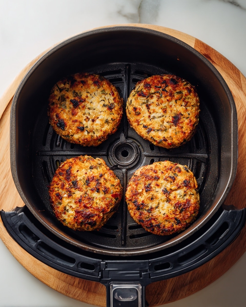 The image shows a black round air fryer basket with four golden-brown round patties inside, spaced evenly in a square shape. Each patty has a crispy, crunchy texture with some darker browned spots and looks slightly rough on the surface. The inside of the air fryer basket has ridges and holes for air circulation. The background is a soft white marbled texture with a wooden board partly visible under the basket. Photo taken with an iphone --ar 4:5 --v 7