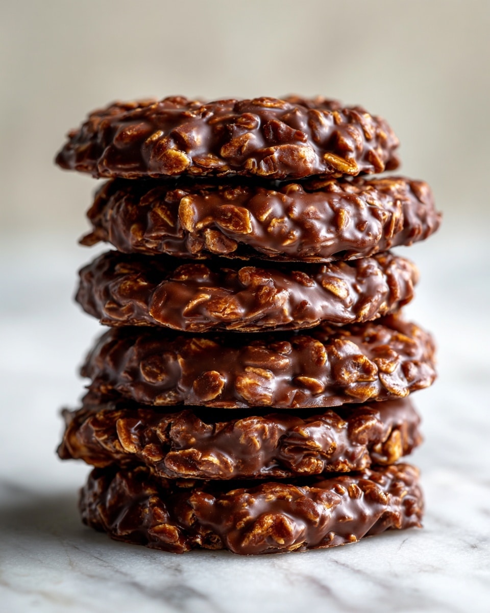 A close-up view of a stack of five round, chocolate oat no-bake cookies placed on a white surface with a white marbled texture background. Each cookie is thick, showing visible oats mixed with smooth, glossy chocolate coating. The cookies have a rough texture with uneven edges, stacked tightly with slight gaps between layers, showcasing the bumpy oat and chocolate mix. Photo taken with an iphone --ar 4:5 --v 7