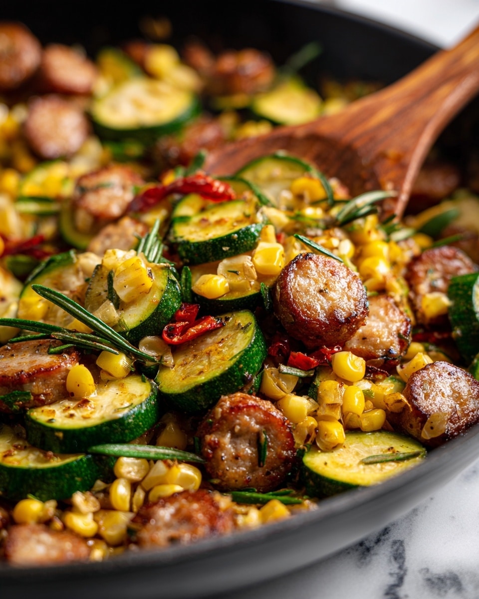 A close-up view of a cooked dish with three main layers mixed together: round, browned slices of sausage forming the base layer, thick slices of green zucchini with a slightly shiny, cooked texture mixed evenly throughout the dish, and light yellow roasted corn kernels scattered all over, with small bits of cooked red peppers adding color contrast. The dish is in a black skillet, with some pieces being held up by a wooden spoon. The background is a white marbled texture. photo taken with an iphone --ar 4:5 --v 7