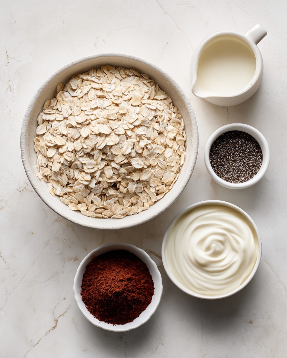 A white bowl filled with one even layer of pale beige rolled oats sits in the center on a white marbled surface. Surrounding the bowl are five small white containers: top center holds a small amount of dark brown espresso, top right features a small white pitcher filled with creamy white milk, bottom right contains a smooth swirl of bright white Greek yogurt, bottom center holds a layer of tiny dark chia seeds, and bottom left has a mound of reddish-brown protein powder or cacao powder. The whole setup is neat and minimal with good light. photo taken with an iphone --ar 4:5 --v 7