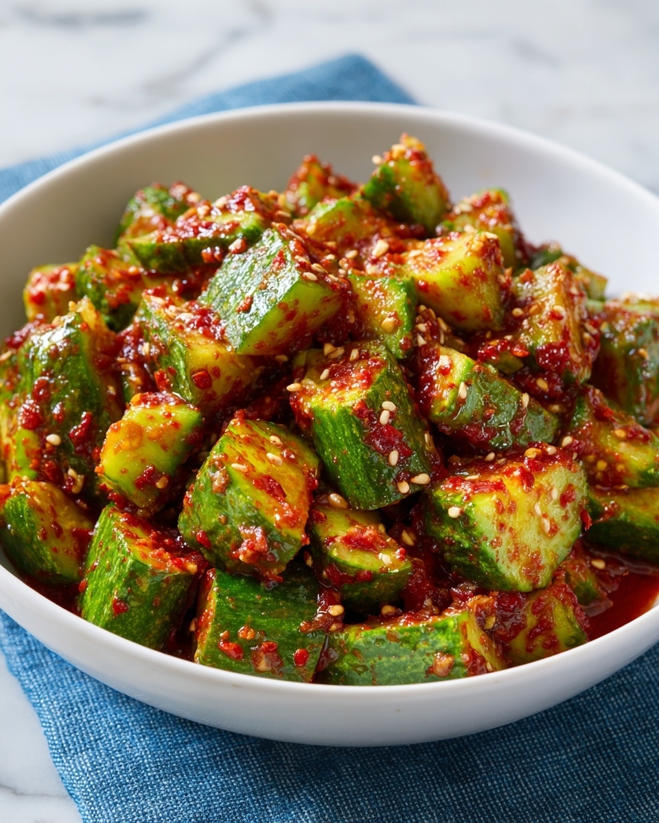 The image shows a white bowl filled with chopped green cucumbers coated in a red spicy sauce with visible red chili flakes and small white sesame seeds sprinkled all over. The cucumbers are cut into irregular bite-sized pieces with a shiny and moist texture, and the sauce looks thick and sticky, covering each cucumber piece evenly. The bowl is placed on a blue cloth, and the background is a white marbled surface. Photo taken with an iphone --ar 4:5 --v 7