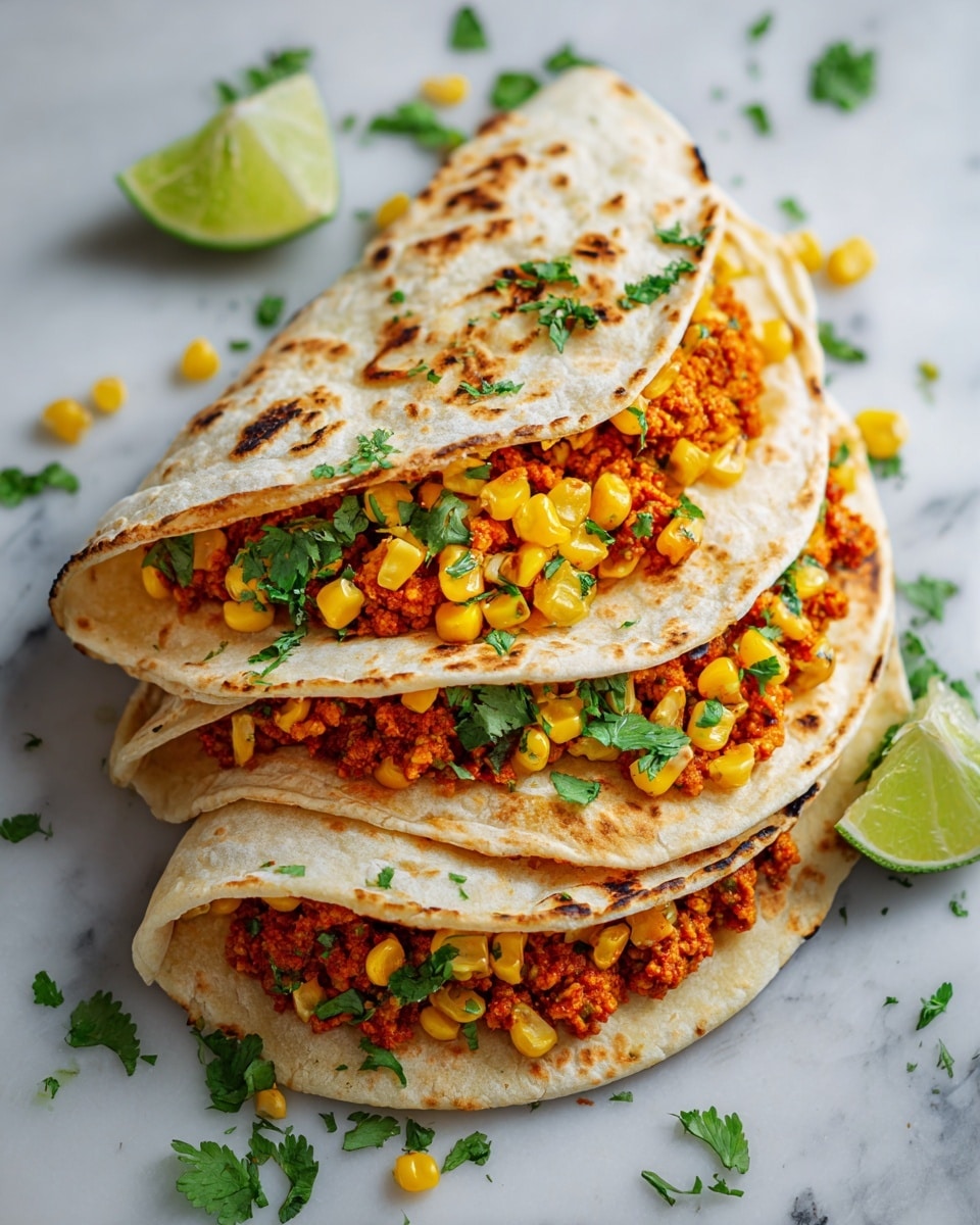 Several folded soft tortillas are filled with two visible layers: a deep orange, crumbly textured spiced filling at the bottom and bright yellow corn kernels mixed with fresh green herbs on top. The tortillas have light brown spots and are placed on a white marbled textured surface with scattered corn and herb leaves around. Some wedges of lime add a fresh touch near the tortillas. The colors are warm and earthy with pops of yellow and green. photo taken with an iphone --ar 4:5 --v 7