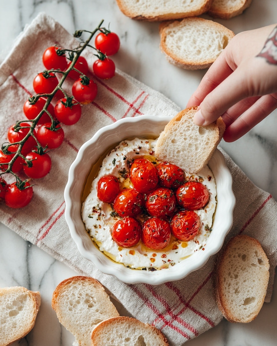 A small white scalloped bowl holds a layer of white soft cheese at the bottom, topped with shiny roasted red cherry tomatoes still on the vine, drizzled with golden olive oil and sprinkled with black pepper and herbs. A woman's tattooed arm reaches in from the top right, holding a piece of white bread dipped in the cheese and oil mix inside the bowl. Around the bowl, white bread slices are scattered and placed on a beige cloth with thin red stripes, all set on a white marbled surface. A bunch of fresh red cherry tomatoes on the vine lies to the left. photo taken with an iphone --ar 4:5 --v 7