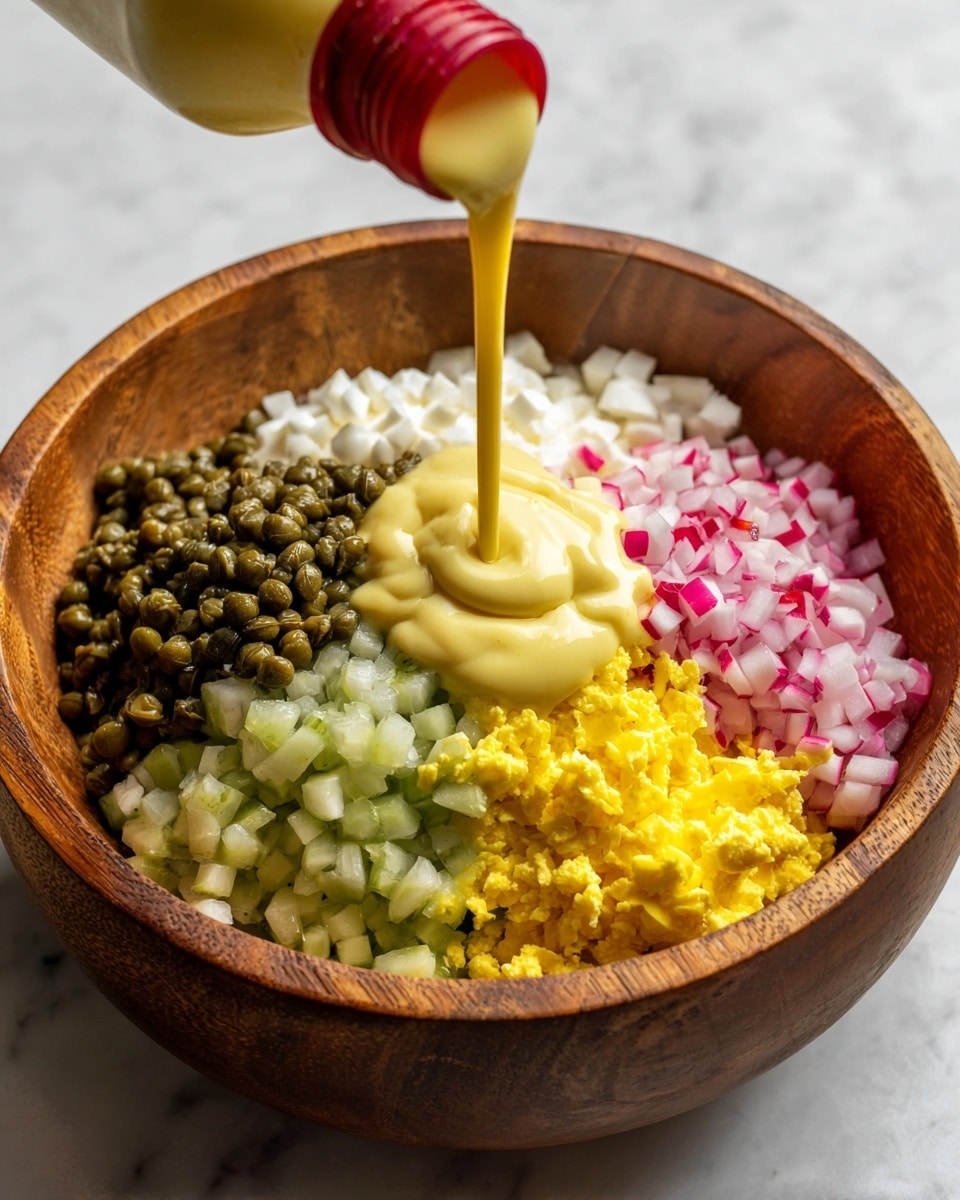 A wooden bowl filled with chopped ingredients arranged in sections: dark green capers on the top left, white chopped boiled egg next to it, finely diced radish with white and pink colors on the top right, bright yellow scrambled egg pieces at the bottom right, and light green chopped cucumber at the bottom left. Over the center, creamy yellow sauce is being squeezed from a bottle with a red cap, creating three lines that flow across the ingredients. The bowl sits on a white marbled surface. photo taken with an iphone --ar 4:5 --v 7