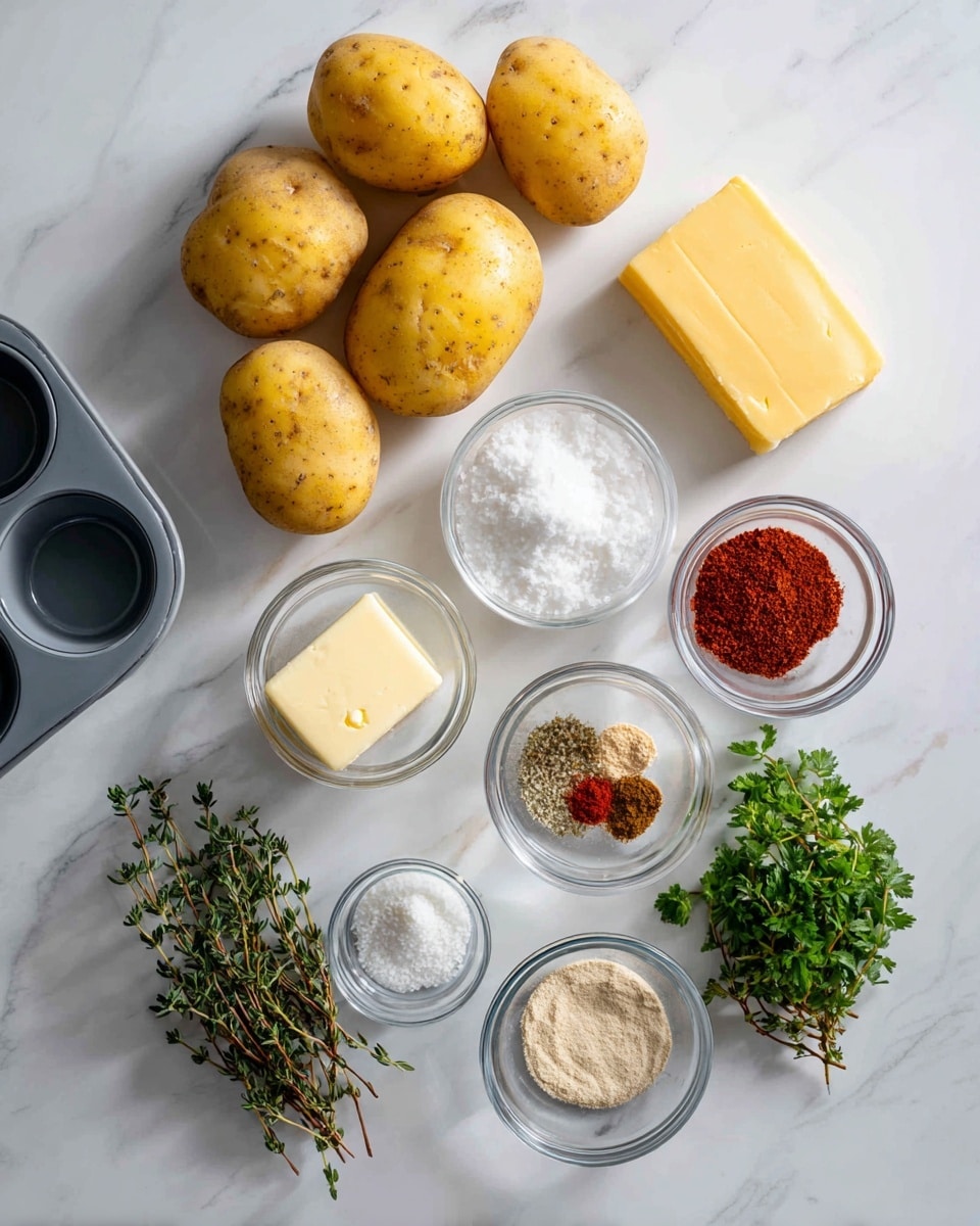 The image shows cooking ingredients arranged neatly on a white marbled surface. There are three yellow potatoes grouped together at the top center, and a small wedge of yellow cheese placed to their right. Below the potatoes, there is a small glass bowl with a block of unsalted butter that is pale yellow. Surrounding the butter, there are small glass bowls containing white salt, light brown garlic powder, reddish paprika, light beige onion powder, and black pepper. To the right of these spices, fresh green thyme and parsley sprigs are placed, adding a bright touch of green. At the bottom left, a gray cupcake pan with round molds is partially visible. Each ingredient is labeled clearly with black text on white backgrounds. The photo taken with an iphone --ar 4:5 --v 7
