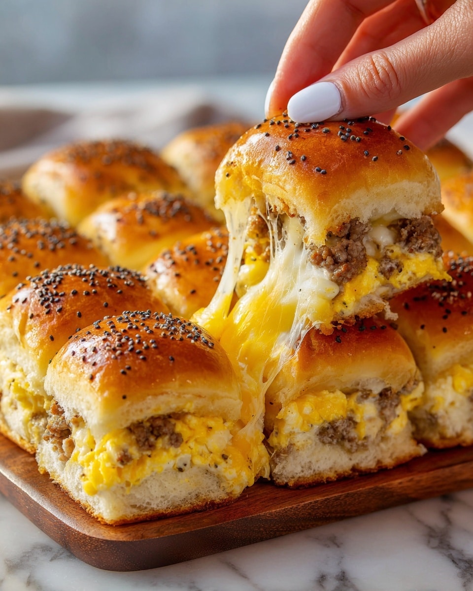 A close-up view of a group of soft, golden-brown slider buns topped with black poppy seeds, arranged tightly together. Each bun has a shiny, smooth top and the inside reveals layers of melted yellow and white cheese stretching out as one slider is pulled away. Beneath the cheese, there is a layer of cooked crumbled sausage and fluffy scrambled eggs, all inside the soft white bread of the sliders. A woman's hand with white nail polish is pulling one slider away, showing the stretchy cheese and juicy filling. The sliders are on a wooden board with a white marbled texture surface in the background, photo taken with an iphone --ar 4:5 --v 7
