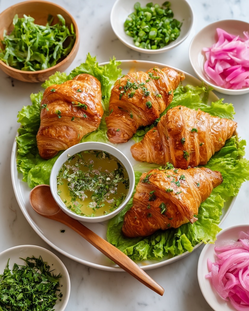 The image shows a plate with three golden brown croissants on top of a layer of green leafy lettuce and some chopped herbs scattered on top of the croissants. In the middle of the plate, there is a small white bowl filled with a light green sauce with small pieces of herbs inside, and a small wooden spoon beside the bowl. Around the plate, on a white marbled surface, there are three small white bowls, one with chopped lettuce, one with fresh green herbs, and one with pink pickled onions. The scene is bright and well-lit, showing the crispy texture of the croissants and fresh colors of the greenery and sauce. photo taken with an iphone --ar 4:5 --v 7