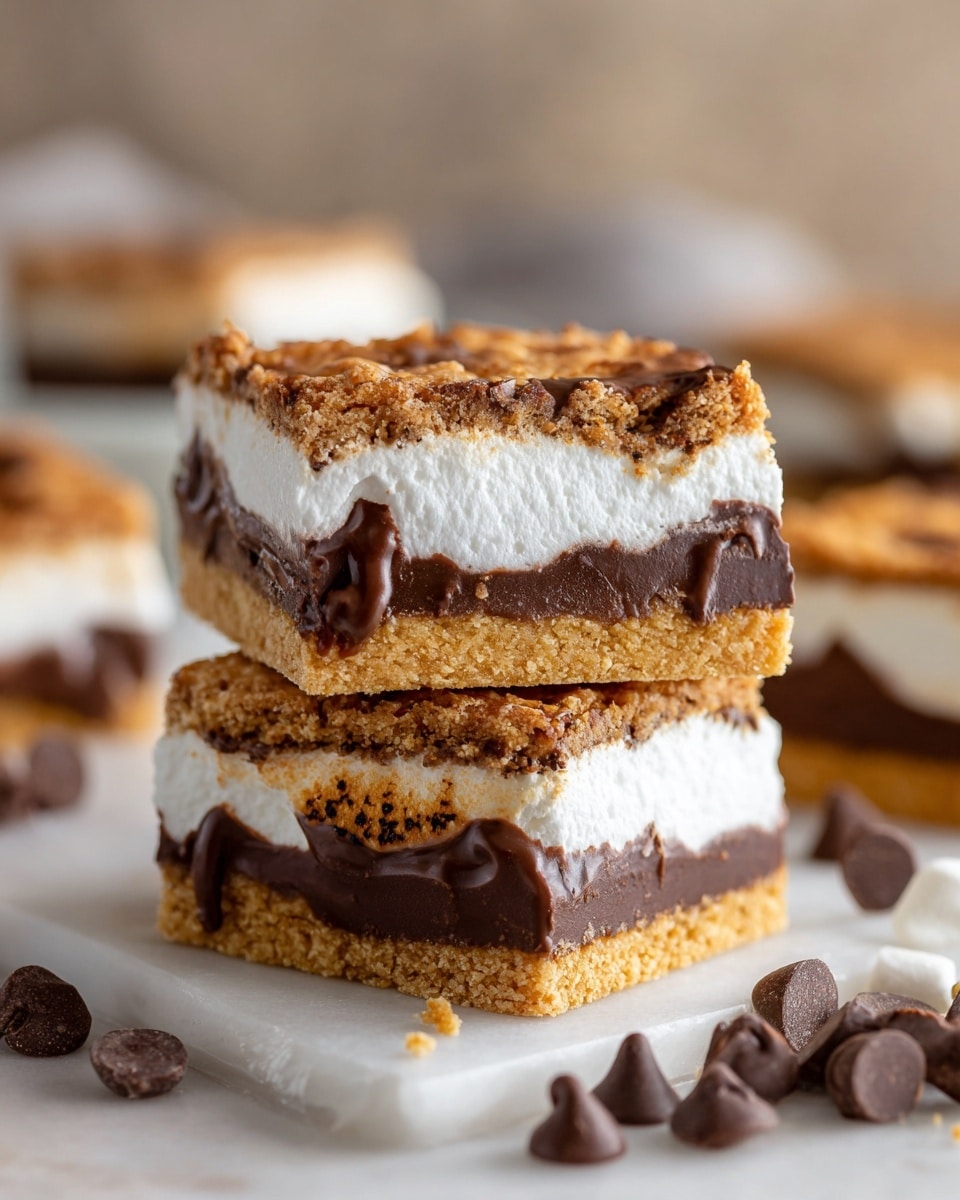 A close-up image of a stack of three s'mores bars on a white marbled surface. Each bar has three layers: a top and bottom layer of golden brown crispy graham cracker, a thick middle layer of white fluffy marshmallow, and a thin dark brown chocolate layer just above the bottom cracker, showing slight melting. The marshmallow layer is soft and smooth with some texture on the edges. Additional broken s'mores bars and chocolate chips are scattered around the stack in soft focus. The background is softly blurred with neutral tones, emphasizing the bars in the front. Photo taken with an iphone --ar 4:5 --v 7