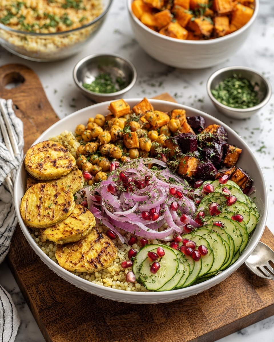 A white bowl with five main layers of food arranged side by side: at the bottom left, there are golden-brown grilled cheese slices with slight charring; above it, small light green pearl couscous mixed with green herbs; to the top right, dark reddish-brown roasted sweet potato chunks; in the center, a pile of light purple pickled onions with finely chopped green herbs sprinkled on top; and to the right side, thin, translucent cucumber slices with green skin, also topped with herbs and seasoning. Small shiny deep red pomegranate seeds are spread over the cheese, onions, and chickpeas, which are roasted to a golden brown and scattered next to the cheese and onions. In the background, a white bowl of roasted sweet potatoes, a glass bowl of couscous with herbs and a spoon, and small metal bowls with green herbs are partially visible on a wooden checkered board with a white marbled surface beneath photo taken with an iphone --ar 4:5 --v 7