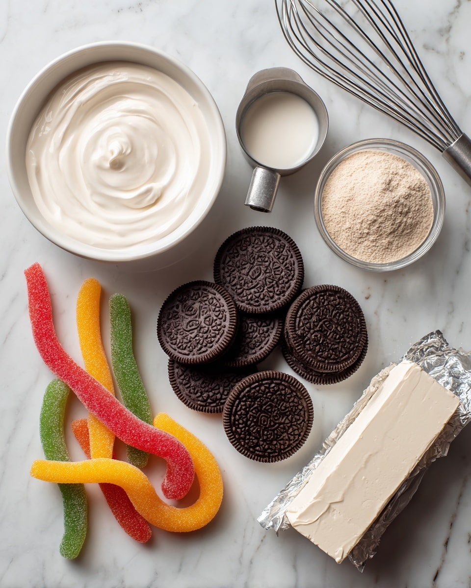 The image shows a group of ingredients arranged on a white marbled surface. Starting from the top left is a white bowl filled with thick white cream with a slight indentation in the middle. Next to it is a metal measuring cup filled with a pale liquid. Below these two are eight chocolate sandwich cookies with dark brown, almost black, textured tops arranged in a loose cluster. To the right of the cookies, there is a small clear bowl filled with dry light brown powder. Next to this bowl is a silver wrapped block of cream cheese. Spread in front of the cookies and bowl are several colorful gummy worms in red, yellow, orange, and green, lying loosely on the surface. A silver whisk rests in the top background, partially visible. photo taken with an iphone --ar 4:5 --v 7