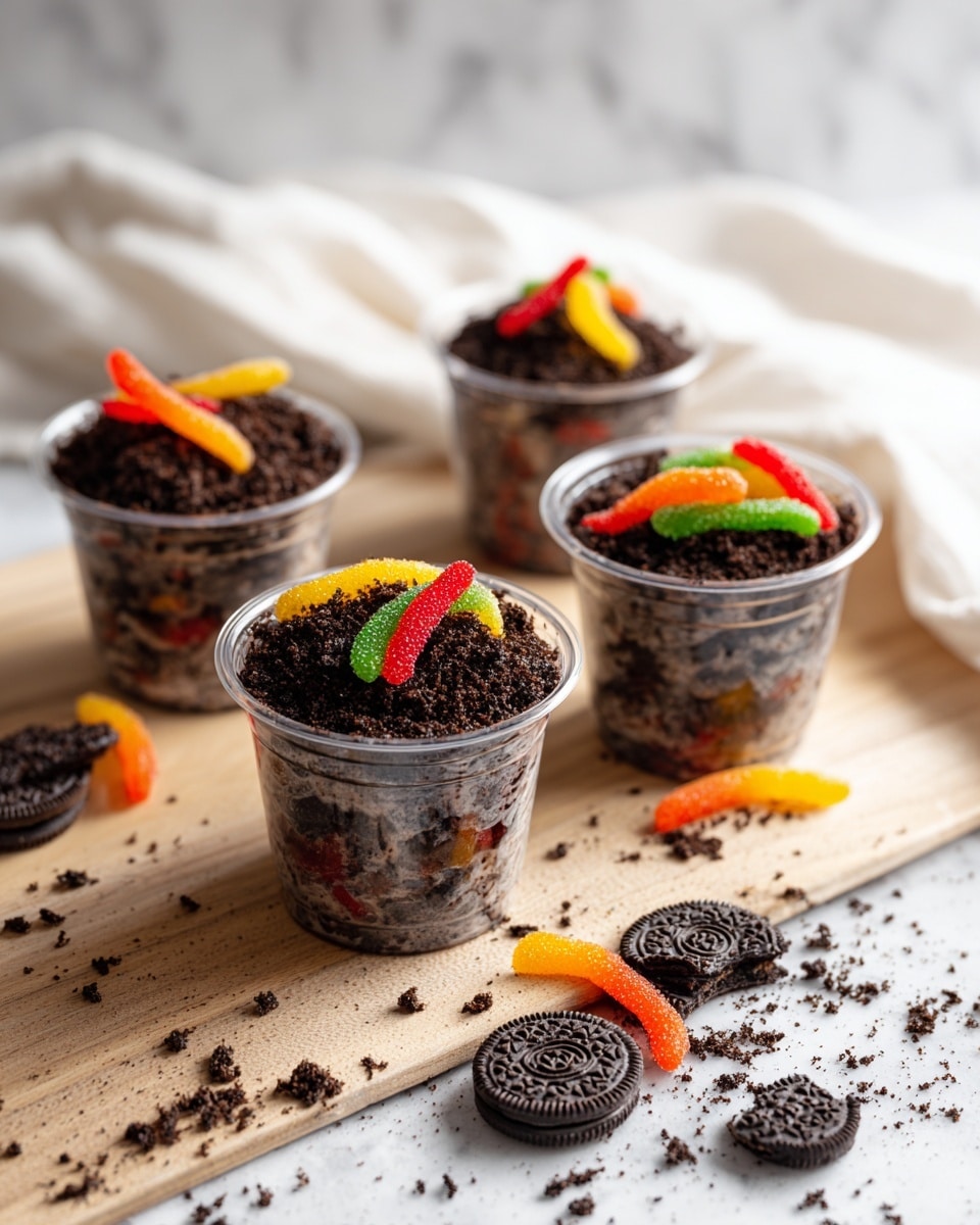 The image shows five small clear plastic cups filled with a dessert that looks like soil made from dark, crumbly cookie crumbs. On top of each cup are a few colorful gummy worms in red, yellow, orange, and green, placed to look like they are coming out of the soil. The cups are arranged on a light wooden surface with some gummy worms and Oreo cookies scattered around. The background is a white marbled texture with a soft white cloth partially visible. photo taken with an iphone --ar 4:5 --v 7