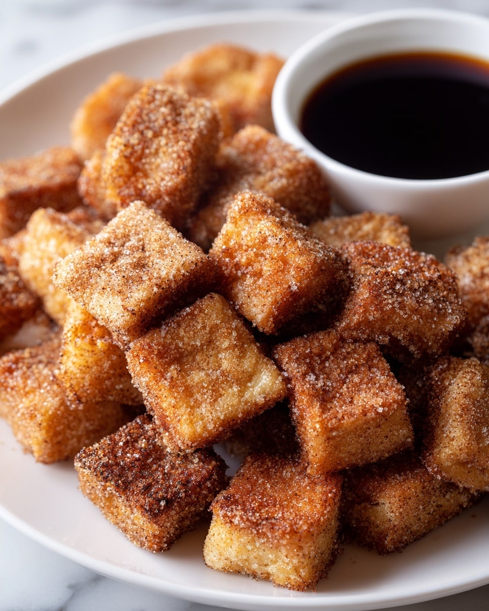 The image shows a close-up of many small square pieces of fried bread, piled on a white plate, each piece covered with a rough grainy texture of cinnamon sugar, giving them a golden brown color with darker toasted edges. On the right side of the plate, there is a small white bowl filled with dark syrup, resting on a white marbled surface. The focus is sharp on the front pieces, showing the crunchy texture and sugar crystals clearly. photo taken with an iphone --ar 4:5 --v 7