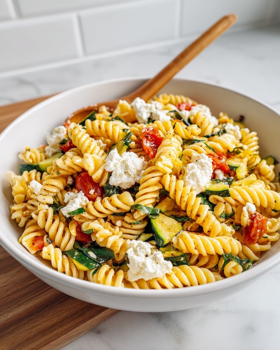 A white bowl filled with yellow spiral pasta mixed with small green pieces of zucchini and leafy greens, along with small cubes of bright red tomato scattered throughout. Dollops of soft white cheese sit on top of the pasta in several spots, adding contrast to the colorful vegetables. Wooden utensils rest inside the bowl on the edge. The bowl is placed on a white marbled surface with a white tiled background. photo taken with an iphone --ar 4:5 --v 7