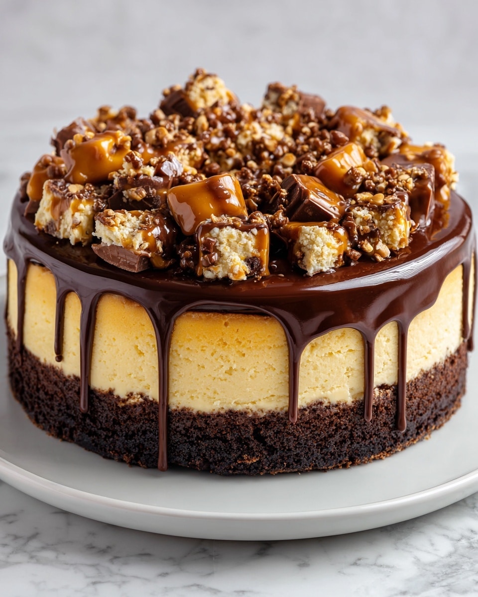 A rich chocolate cake with three visible layers is shown on a white plate over a white marbled surface. The bottom layer is a dense golden crust. Above it, a thick layer of caramel mixed with whole peanuts creates a bumpy texture around the edges. The top layer is smooth, dark chocolate that covers the entire surface and drips slightly over the sides. The cake is decorated with chopped chocolate peanut candy bars scattered over the edge, adding rough chunks of milk chocolate and caramel. A slice is being lifted, showing gooey caramel and nuts inside. Photo taken with an iphone --ar 4:5 --v 7