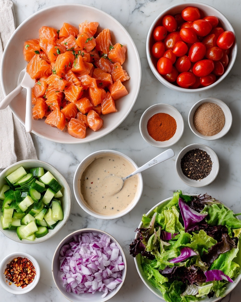 The image shows several white bowls and plates on a white marbled surface, each filled with different colorful ingredients. In the center, there is a white plate piled high with bright orange salmon chunks. To the right, a white bowl holds shiny red halved cherry tomatoes, while below it, a white bowl contains finely chopped purple onions. Another white bowl below the salmon contains chopped light green cucumber pieces. At the bottom right, a larger white bowl is full of mixed green salad leaves with both light and dark green colors mixed with some purpleish greens. Smaller white bowls hold various spices and powders: light brown garlic powder, dark brown brown sugar, red pepper flakes, and a bowl with salt and pepper. Finally, there is a white bowl with creamy beige bang bang sauce, with a white spoon resting inside. The arrangement is neat and vibrant, all on a clean white marbled background. Photo taken with an iphone --ar 4:5 --v 7
