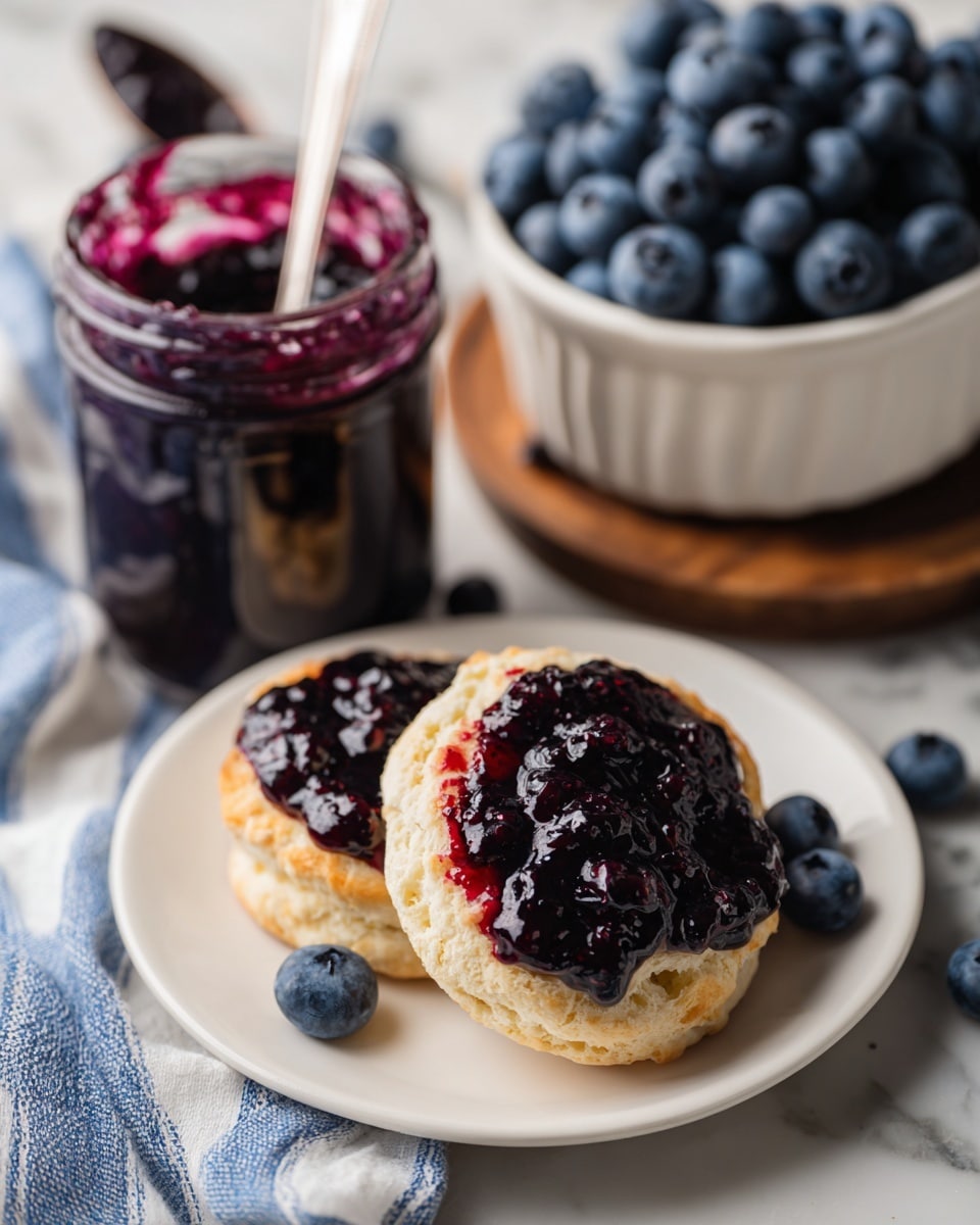 A close-up view of a white plate holding a biscuit split into two halves, each half topped with a shiny, deep purple blueberry jam that shows whole blueberries and a thick texture. Behind the plate, on a wooden round board, there is a white ceramic container filled with fresh, dark blue blueberries with a slightly frosted look. To the left, a glass jar filled with the same dark purple jam is partially visible, with some jam on the metal spoon placed inside. The scene is set on a white marbled surface with parts of a blue-striped cloth visible in the top left background. photo taken with an iphone --ar 4:5 --v 7