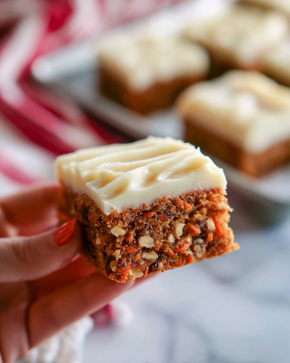 A close-up of a woman's hand holding a square carrot cake bar with two visible layers: the bottom layer is a dense, moist carrot cake with bits of dark brown walnuts and grated orange carrot throughout, and the top layer is a thick, creamy light beige frosting with soft, wavy ridges. In the blurred background, there is a white marbled surface and a red and white striped cloth, with more cake bars visible on a metal tray. photo taken with an iphone --ar 4:5 --v 7