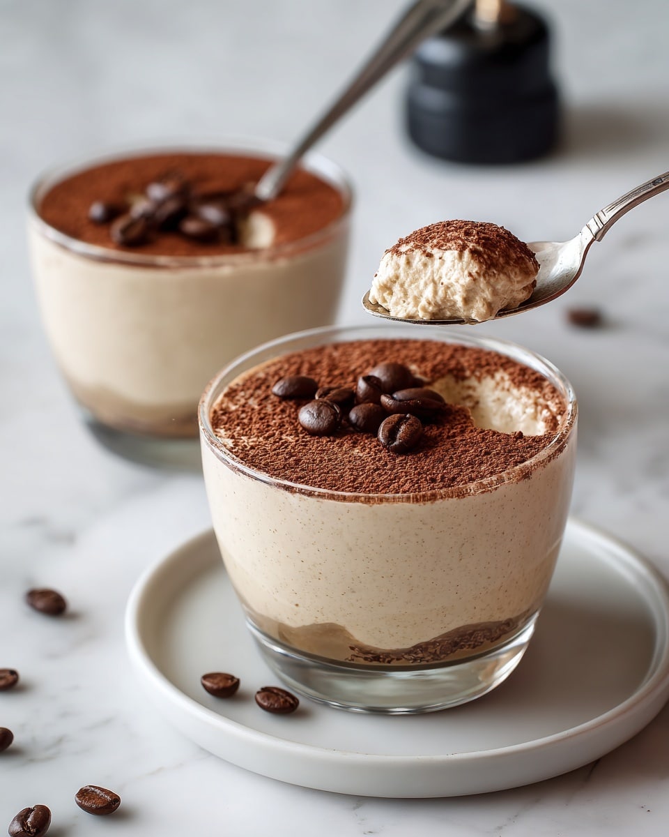 A close-up view of a creamy, light beige mousse-like dessert in a clear glass, topped with a dusting of cocoa powder and several whole dark brown coffee beans scattered on the surface; a silver spoon is scooping a thick, airy portion from the top layer, showing the smooth and fluffy texture inside. The glass is placed on a white plate with some coffee beans around it, all set on a white marbled surface. photo taken with an iphone --ar 4:5 --v 7