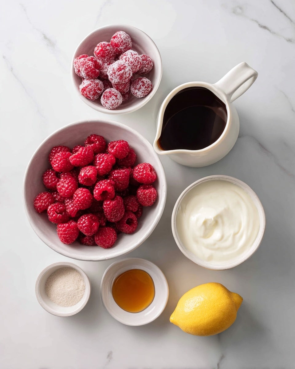A top view of a white marbled surface with seven items arranged neatly: a large white bowl filled with bright red fresh raspberries on the left, a smaller white bowl above it containing frozen raspberries with a powdery texture, a medium white bowl on the right holding smooth, creamy white yogurt, a small white jug filled with dark brown vanilla extract to the right of the yogurt, a small white bowl with honey at the bottom left, a shallow white dish in the middle bottom holding light brown powder and white salt, and a bright yellow lemon on the bottom right, all evenly spaced in a clean and simple layout photo taken with an iphone --ar 4:5 --v 7