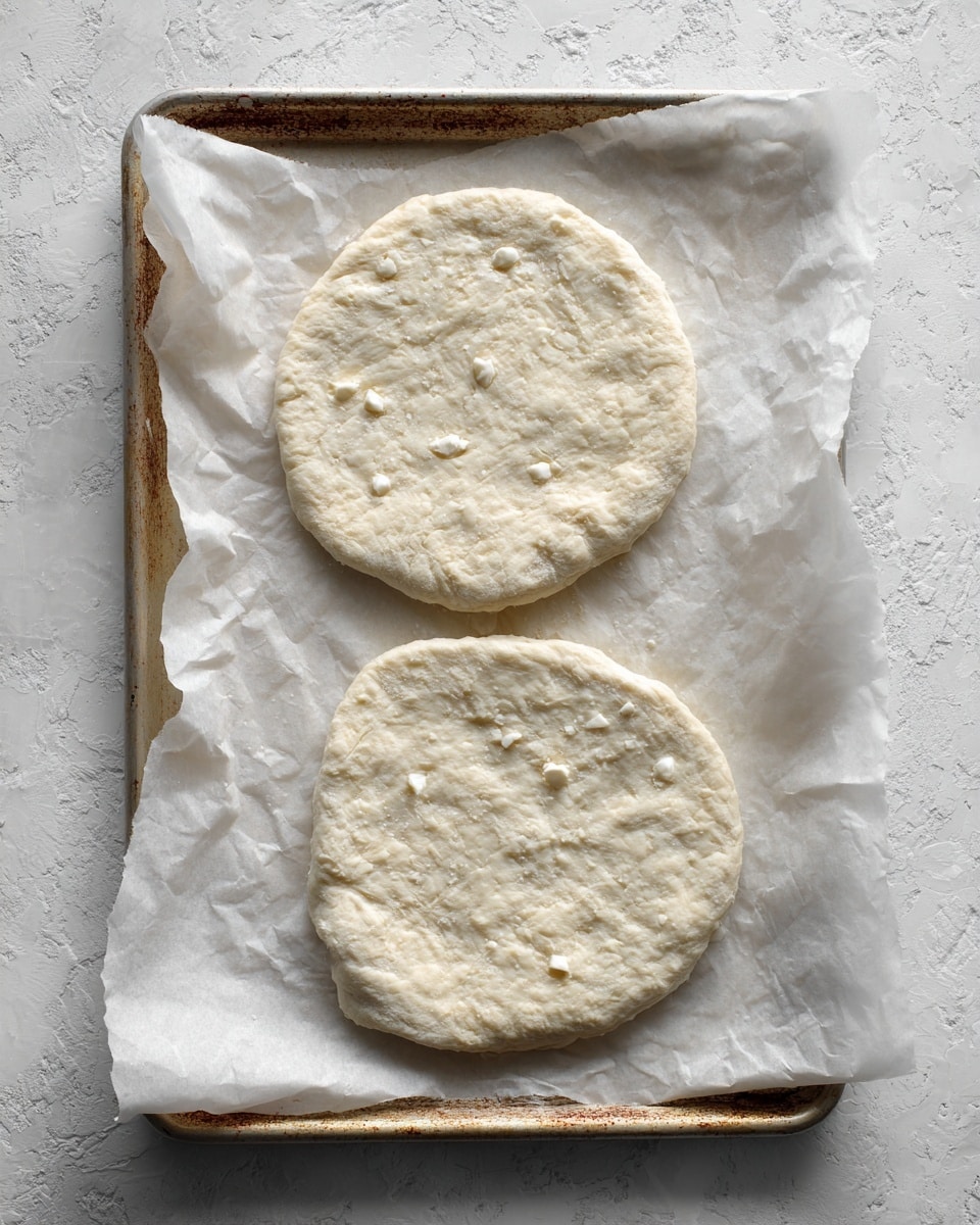 Two thick, pale dough rounds with small white pieces visible inside lie flat on white parchment paper. The dough has a slightly rough texture with uneven edges and looks soft. The parchment paper rests on a baking tray with a worn, slightly rusty edge. The setting has a white marbled surface partially visible around the tray. photo taken with an iphone --ar 4:5 --v 7