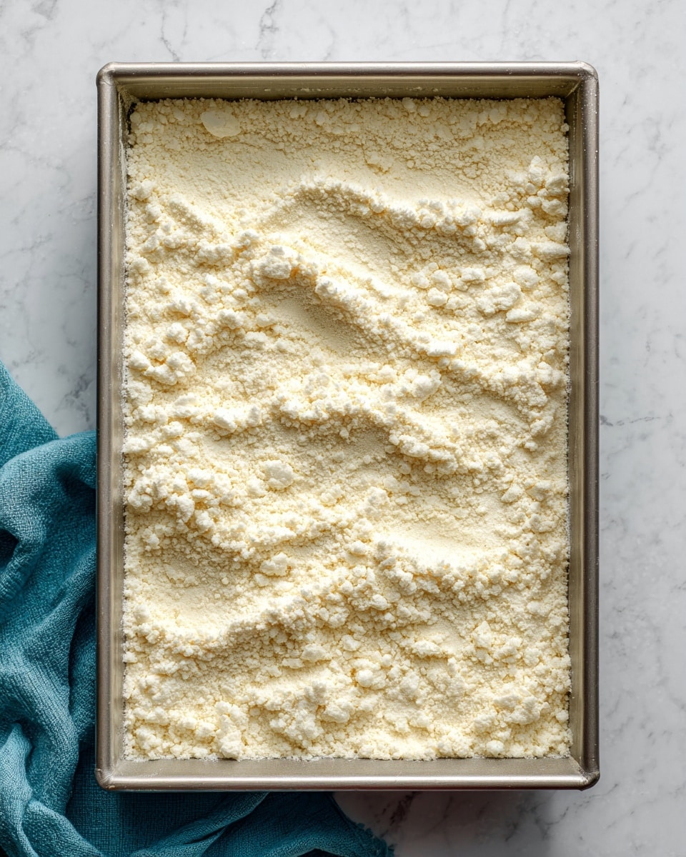 The image shows a single rectangular layer of fine, pale yellow powder spread evenly inside a silver baking pan, which is placed on a white marbled surface. The powder has a soft, crumbly texture and subtle unevenness in its spread, creating gentle ridges and small clumps across the surface. There is a teal cloth partially visible at the bottom left corner of the frame. Photo taken with an iphone --ar 4:5 --v 7