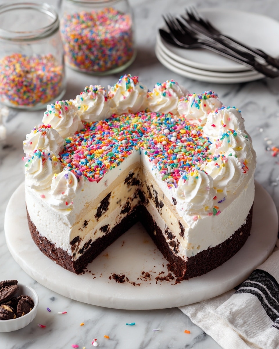 The image shows a round cake with three clear layers on a white marbled surface: the bottom layer is dark chocolate with chunks of cookies, the middle layer is light cream, and the top layer is white frosting covered with colorful rainbow sprinkles. The cake's edge is decorated with white frosting swirls, and a large triangle slice is removed, revealing the inside layers. Nearby, there are jars and bowls of sprinkles, a stack of white plates with black forks on top, and a white cloth with black stripes partially in view. Photo taken with an iphone --ar 4:5 --v 7