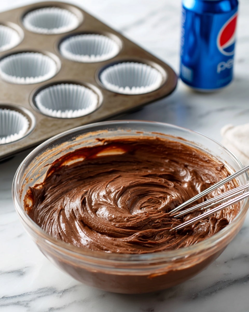 A glass bowl sits on a white marbled surface filled with smooth, thick chocolate batter, swirls visible from mixing, with two metal beaters resting inside the bowl. Above the bowl, to the left, there is a dark metal muffin tray lined with white cupcake liners. To the right of the tray, a blue can of Pepsi is placed standing on the white marbled surface. The image background shows a clean white marbled texture with clear lighting. photo taken with an iphone --ar 4:5 --v 7