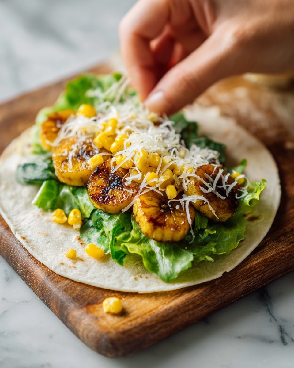 A close-up view of a taco on a soft white tortilla placed on a wooden board. The first layer consists of green leafy lettuce with visible texture. On top of the lettuce are grilled, golden-brown slices of plantain or similar fruit held by a woman's hand with black chopsticks. The next layer adds small kernels of yellow corn, scattered evenly. The final layer includes a sprinkle of shredded white cheese, creating a light top covering. The background is a white marbled surface photo taken with an iphone --ar 4:5 --v 7