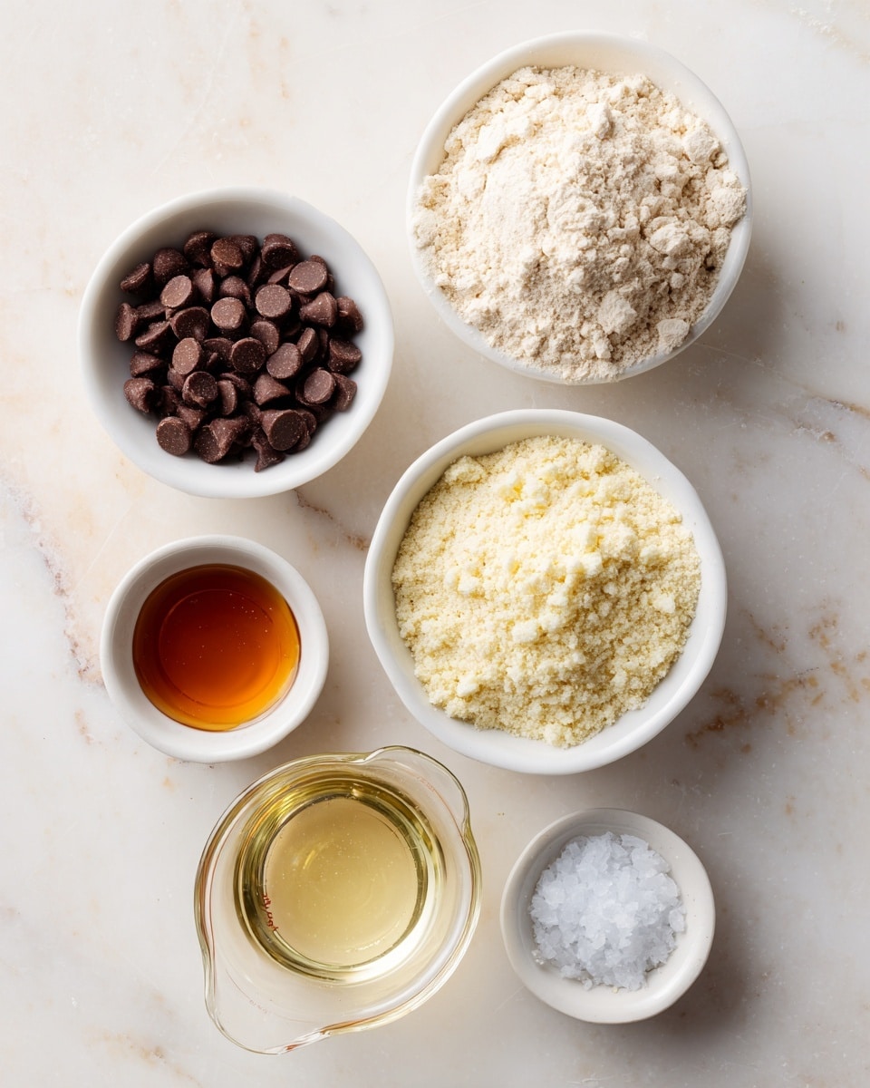 The image shows six small white bowls on a white marbled surface, each containing a different ingredient. The top left bowl holds small, dark brown chocolate chips with a smooth, round texture. To its right, a bigger bowl contains light beige vanilla protein powder with a crumbly, soft texture. Below this, a medium bowl is filled with pale yellow almond flour, appearing finely ground and fluffy. Next to it, a small white bowl contains dark amber honey or maple syrup, showing a smooth, glossy surface. In the center, a glass measuring cup holds clear coconut oil with a liquid, shiny texture. Lastly, at the bottom right, a tiny white bowl contains flaky sea salt, white and coarse in texture. The scene is neat and bright with a soft natural light, photo taken with an iphone --ar 4:5 --v 7