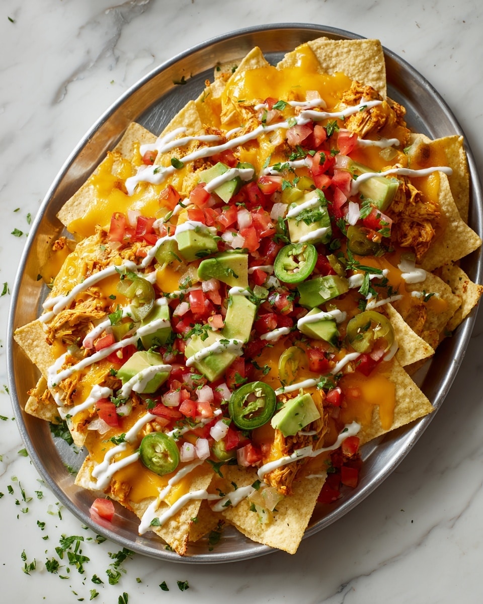 A large silver tray is full of nachos with three main layers. The bottom layer is made of light yellow crispy tortilla chips spread out fully and overlapping slightly. The middle layer has pieces of cooked chicken with a light brown color, mixed with bright orange melted cheese that looks soft and smooth. The top layer has fresh diced red tomatoes and onions, slices of green avocado and jalapeños, and chopped green herbs scattered evenly across the dish. Thin white lines of sour cream are drizzled diagonally over everything. The tray sits on a white marbled surface with a few small bits of chopped herbs around it. Photo taken with an iphone --ar 4:5 --v 7