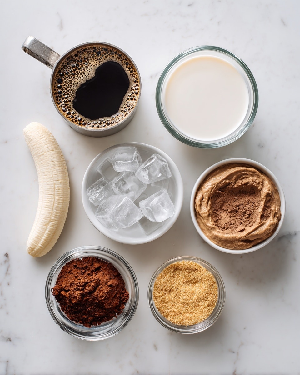 The image shows seven small white bowls and a glass measuring cup arranged on a white marbled surface. At the top left, a metal measuring cup holds dark, chilled strong coffee or cold brew with a foamy surface. To the right, a glass measuring cup is filled with white milk of choice. Below the coffee, a white bowl contains one frozen half banana with a frosty texture. Next to it, a white bowl is filled with light brown chocolate protein powder, showing a fine crumbly texture. In the center, a white bowl holds several large, clear ice cubes. Below the banana, a small clear glass bowl contains reddish-brown cocoa powder, finely ground. To its right, a small clear glass bowl holds pale orange smooth peanut butter. Finally, at the bottom right, a small clear glass bowl contains ground flaxseed, which is light brown with a slightly coarse texture. The items are neatly spaced and lit evenly, all on the light marbled background, photo taken with an iphone --ar 4:5 --v 7