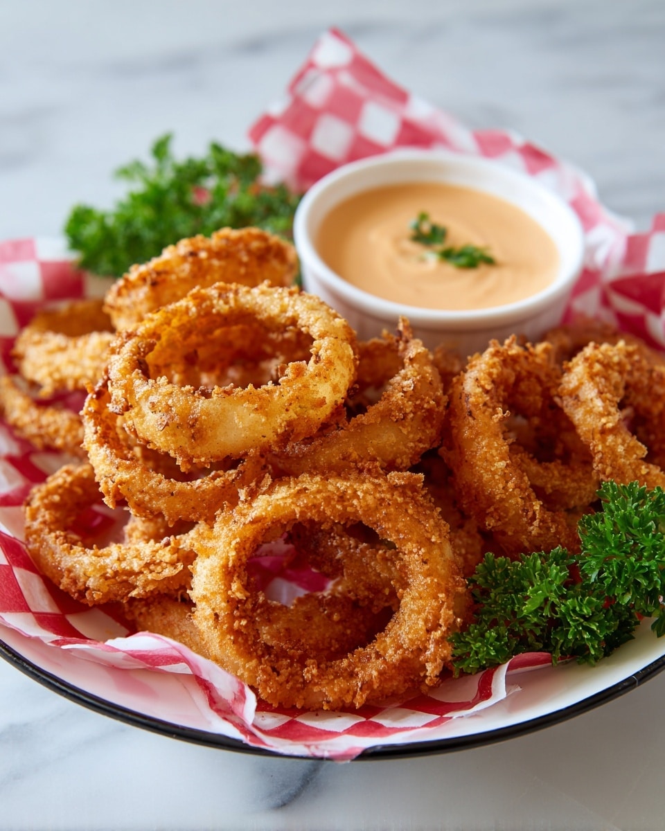 A white plate with a black rim holds about ten golden brown crispy fried onion rings, layered in a slightly overlapping way filling most of the plate. Behind the rings is a small white bowl filled with light orange creamy dipping sauce, positioned near the center-top of the plate. The plate is lined with a red-and-white checkered paper. Fresh green parsley sprigs are placed around the plate, adding a touch of bright green. The background is a white marbled surface, giving a clean and fresh look. Photo taken with an iphone --ar 4:5 --v 7